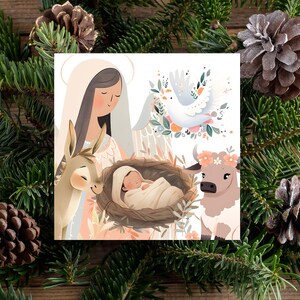 Puede incluir: Una ilustraci&oacute;n de tarjeta de Navidad con una madre y un ni&ntilde;o, un burro, una vaca y una paloma. La madre lleva una t&uacute;nica azul y un halo blanco. El ni&ntilde;o est&aacute; acostado en un pesebre. El burro y la vaca est&aacute;n de pie junto al pesebre. La paloma est&aacute; volando sobre el pesebre.