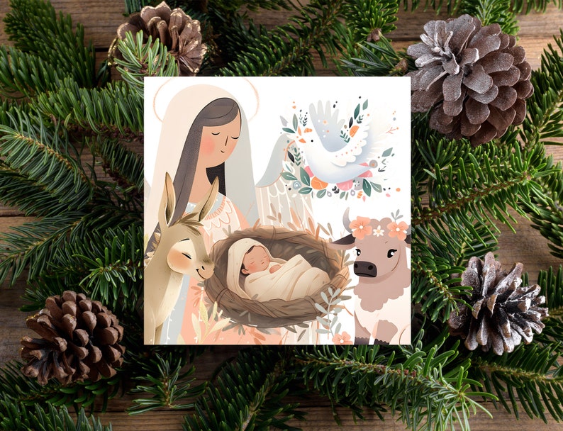 Puede incluir: Una ilustraci&oacute;n de tarjeta de Navidad con una madre y un ni&ntilde;o, un burro, una vaca y una paloma. La madre lleva una t&uacute;nica azul y un halo blanco. El ni&ntilde;o est&aacute; acostado en un pesebre. El burro y la vaca est&aacute;n de pie junto al pesebre. La paloma est&aacute; volando sobre el pesebre.