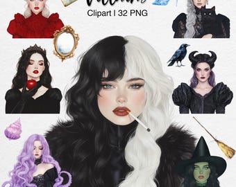 Villains Watercolor Clipart Bundle: Halloween PNG Digital Fairy Tale Stickers