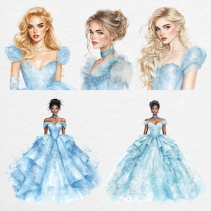 Cinderella princess clipart diversity pack featuring light and dark skin tones, sparkling blue dresses, watercolor gowns and hairstyles, PNG fairytale art.