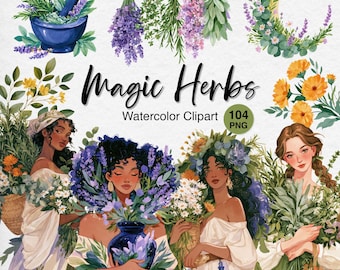 Magic Herbs Clipart PNG, Watercolor Herbalist Stickers, Botanical Witch, Apothecary Plants, Digital Download