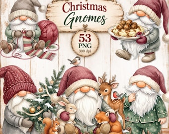 May include: A digital collection of Christmas gnomes featuring five distinct characters, a wooden sign labeled Christmas Gnomes, and a circular tag reading 53 PNG 300 dpi. The gnomes are depicted with long white beards, wearing hats, and interacting with yarn, food, a tree, and forest animals.