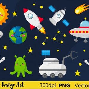 Vektor Weltraum Clipart, digitale ClipArt, PNG Bilder Digital, Astronaut, Sonnensystem, Kawaii Clipart, kommerzielle Nutzung, Aliens Rakete Clipart