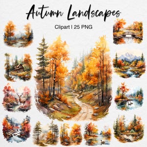Watercolor Fall Forest Clipart PNG Bundle: Autumn Landscapes (Digital Download)