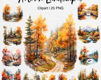 Watercolor Fall Forest Clipart PNG Bundle: Autumn Landscapes (Digital Download)