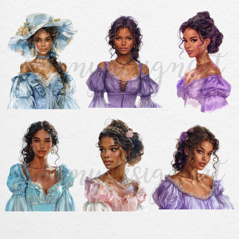 May include: Six digital illustrations of women with different hairstyles and clothing. The women are wearing various shades of blue and purple dresses. Some of the women are wearing hats and jewellery.