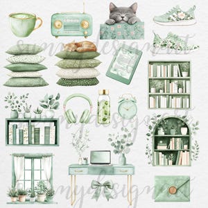 K&ouml;nnte beinhalten: Eine Sammlung von gr&uuml;nen und wei&szlig;en Aquarell-Illustrationen mit verschiedenen Einrichtungsgegenst&auml;nden, darunter ein B&uuml;cherregal, ein Schreibtisch, ein Fenster, ein Radio, eine Katze, eine Tasse Kaffee, ein Buch, eine Wasserflasche, Kopfh&ouml;rer, eine Uhr und ein Kissen. Die Illustrationen sind perfekt, um Ihrer Einrichtung einen Hauch von Natur zu verleihen.