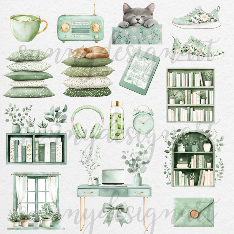 K&ouml;nnte beinhalten: Eine Sammlung von gr&uuml;nen und wei&szlig;en Aquarell-Illustrationen mit verschiedenen Einrichtungsgegenst&auml;nden, darunter ein B&uuml;cherregal, ein Schreibtisch, ein Fenster, ein Radio, eine Katze, eine Tasse Kaffee, ein Buch, eine Wasserflasche, Kopfh&ouml;rer, eine Uhr und ein Kissen. Die Illustrationen sind perfekt, um Ihrer Einrichtung einen Hauch von Natur zu verleihen.