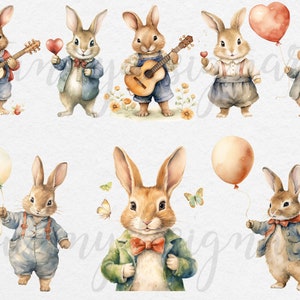 May include: A set of nine watercolor illustrations featuring cute brown bunnies in various poses. Some bunnies are holding musical instruments, hearts, and balloons. The illustrations are perfect for adding a touch of whimsy to any project.