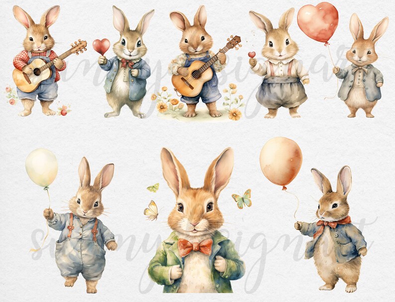 May include: A set of nine watercolor illustrations featuring cute brown bunnies in various poses. Some bunnies are holding musical instruments, hearts, and balloons. The illustrations are perfect for adding a touch of whimsy to any project.