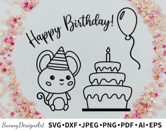 Svg Cute Kawaii Mouse With Birthday Cake And Balloon Png Etsy