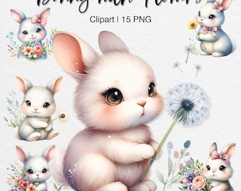 Watercolor Bunny Clipart: Floral Easter Rabbits, Nursery Art (Digital Download)
