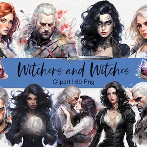 May include: Digital clipart set of 60 PNG images featuring characters from the Witcher universe. The images include Geralt of Rivia, Yennefer of Vengerberg, Triss Merigold, and Ciri. The images are in a watercolor style and are perfect for creating digital art, crafts, and other projects.