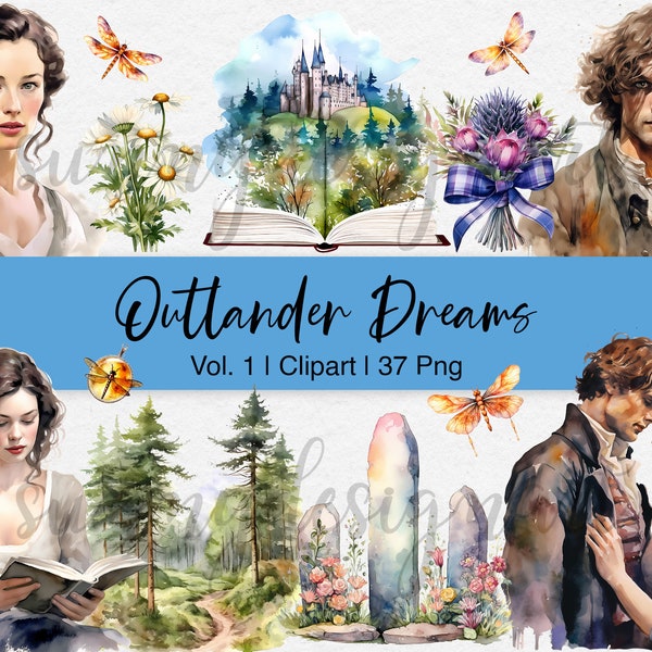 Outlander Dreams Clipart, Scottish Highlands Clipart, Watercolor Clipart, Scotland Thistle, Dragonfly, Claire, Jamie, Commercial Use