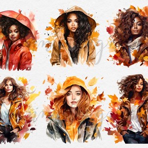 May include: Watercolor illustrations of women in autumn attire. Each portrait features a woman surrounded by fall leaves, wearing jackets and hoodies in shades of orange, brown, and red. One woman holds a red umbrella.