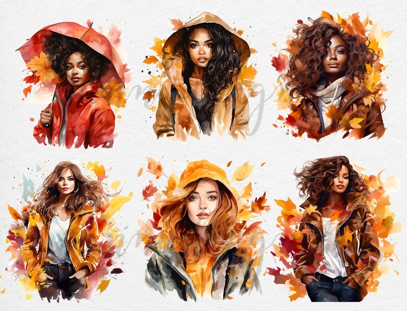 May include: Watercolor illustrations of women in autumn attire. Each portrait features a woman surrounded by fall leaves, wearing jackets and hoodies in shades of orange, brown, and red. One woman holds a red umbrella.