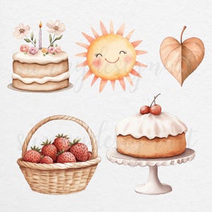 Puede incluir: Un conjunto de ilustraciones de acuarela que representan un pastel de cumplea&ntilde;os con velas, un sol sonriente, una cesta de fresas, un pastel en un pedestal y una hoja marr&oacute;n.