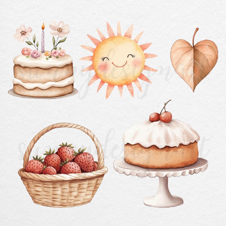 Puede incluir: Un conjunto de ilustraciones de acuarela que representan un pastel de cumplea&ntilde;os con velas, un sol sonriente, una cesta de fresas, un pastel en un pedestal y una hoja marr&oacute;n.