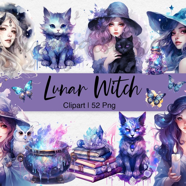 Lunar Witch Clipart, Moon Witch Clipart, Watercolor Clipart, Halloween Clipart, Moon Goddess PNG, Witch clip art, Celestial, Commercial Use