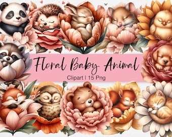 Baby Animals Sleeping in Flowers Clipart, Floral Animal Nursery Print, Baby Shower, Cute Animal PNG, Digital Spring Graphics, Commercial Use