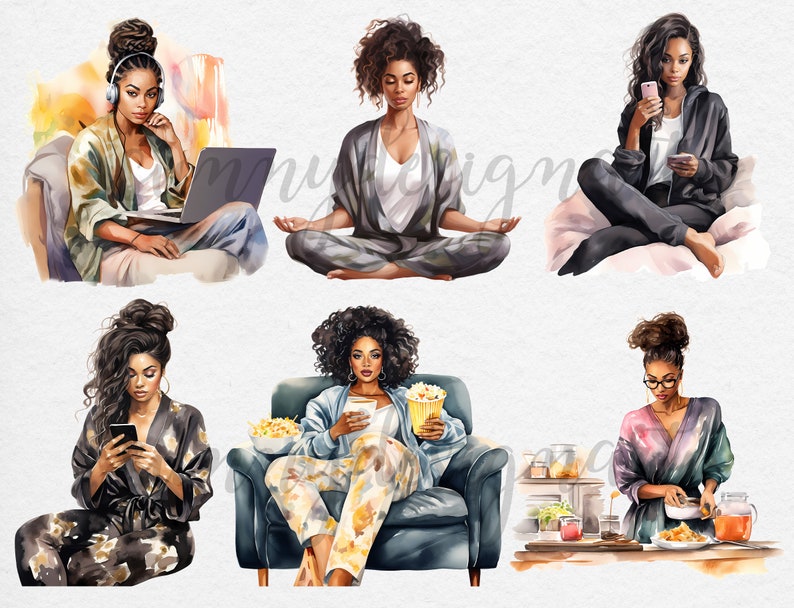 Filles dans le salon porter des cliparts mode, clipart fille noire, mode fille clipart, clipart femme noire, clipart confortable, fille PNG, usage Commercial image 5