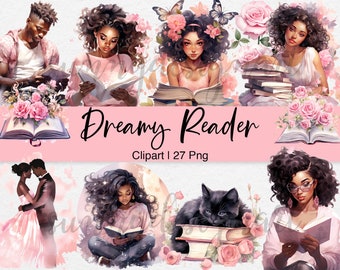 Watercolor Bookworm Clipart, Black Girl Reading Clipart, Reading Clipart, Dreamy Reader Clipart, Watercolour Clipart, Books, Commercial Use