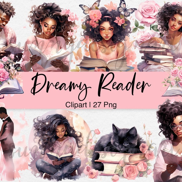 Watercolor Bookworm Clipart, Black Girl Reading Clipart, Reading Clipart, Dreamy Reader Clipart, Watercolour Clipart, Books, Commercial Use