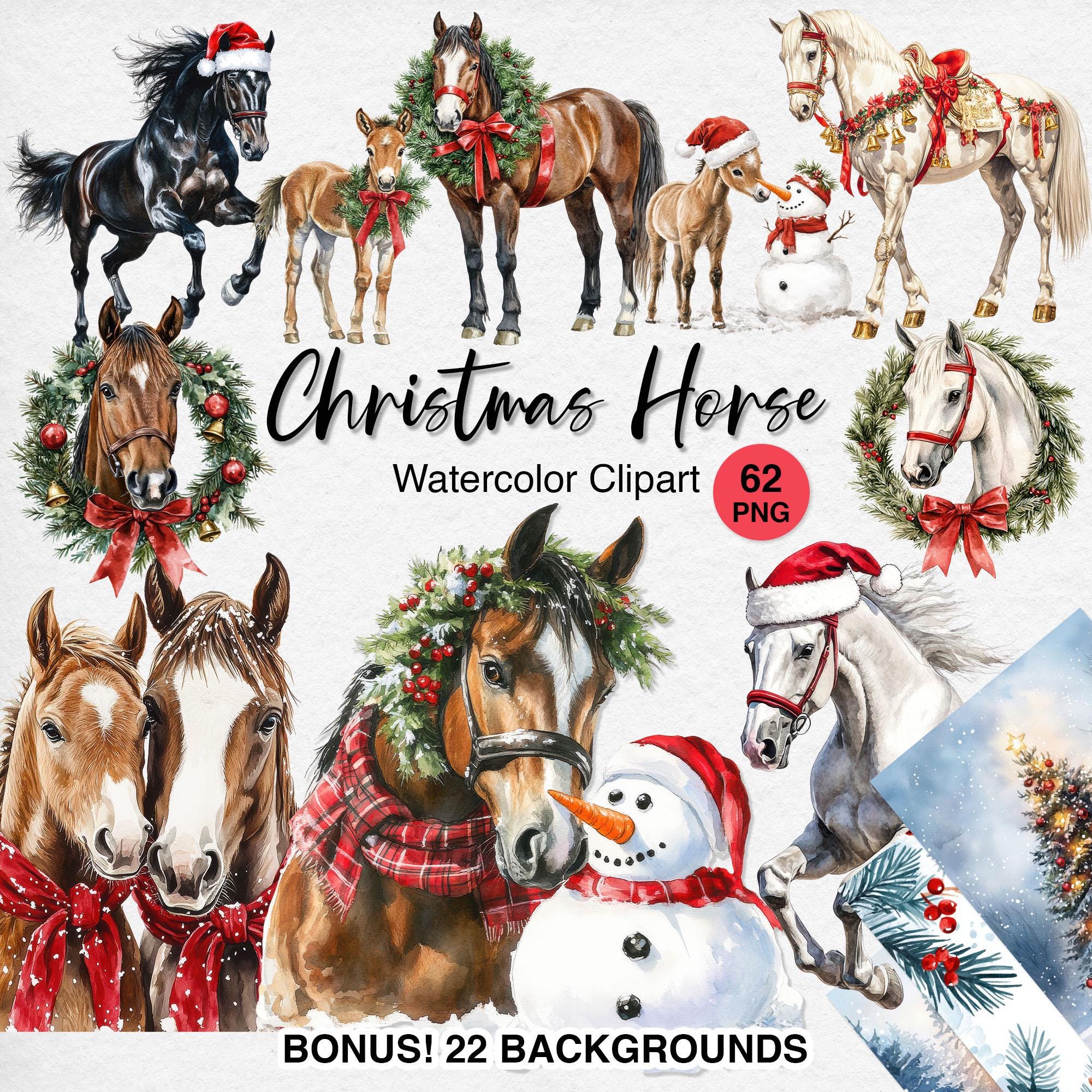 Horse Christmas Clipart: Watercolor 62 PNG and 22 Winter Scenes ...