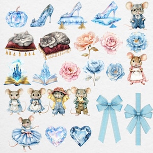Watercolor glass sliper, pumpkin, cute mouse, blue bow, roses, books and crystal heart.