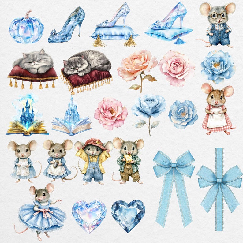 Watercolor glass sliper, pumpkin, cute mouse, blue bow, roses, books and crystal heart.
