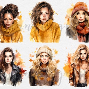 May include: Watercolor portraits of six women, each with a unique hairstyle and autumn-themed attire. The color palette includes warm tones of yellow, orange, and brown, with accents of black and white. The women are wearing sweaters, jackets, and hats.