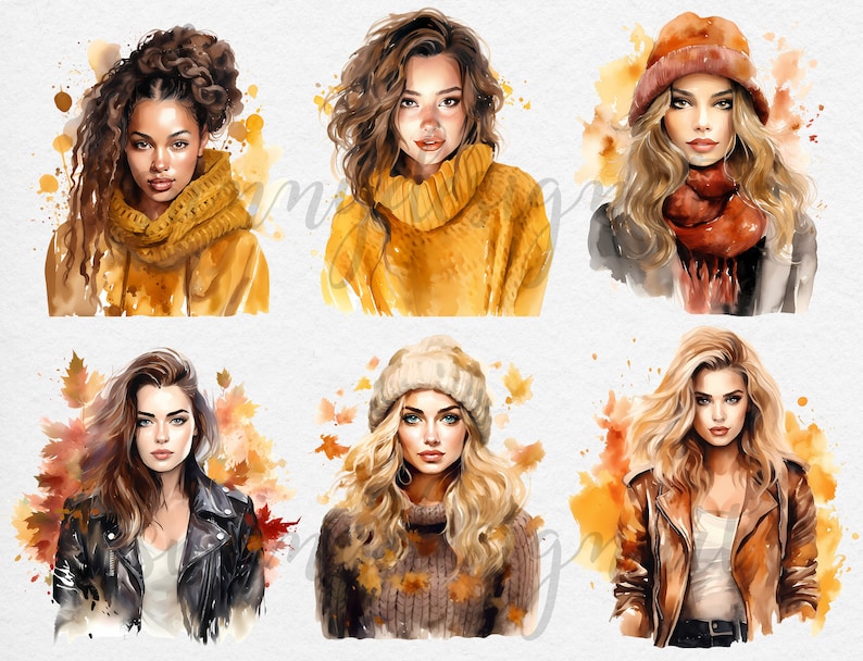 May include: Watercolor portraits of six women, each with a unique hairstyle and autumn-themed attire. The color palette includes warm tones of yellow, orange, and brown, with accents of black and white. The women are wearing sweaters, jackets, and hats.