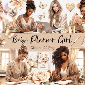 Beige Planner Girl Clipart, Watercolor Home Office, Boss Lady Clip Art, Black Woman, Journal Aesthetic PNG Cozy Planning, Digital Stickers