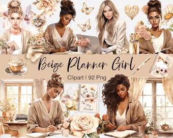 Beige Planer Girl Clipart: Aquarell Boss Lady PNG Digitale Aufkleber