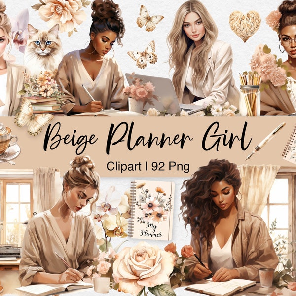 Beige Planner Girl Clipart, Watercolor Home Office, Boss Lady Clip Art, Black Woman, Journal Aesthetic PNG Cozy Planning, Digital Stickers