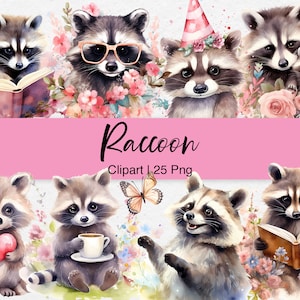 Paquete de imágenes prediseñadas de mapache en acuarela, adorables animales bebés, PNG de bosque, animal floral del bosque, imágenes prediseñadas de cumpleaños de mapache, uso comercial