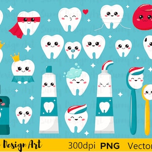 Vector Dental Clipart, Kawaii tooth, Toothbrushes, Toothpaste, COMMERCIAL USE, Instant Download, Teeth Clip Art, Dental Care Clipart Kawaii