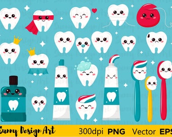 Vector Dental Clipart, Kawaii tooth, Toothbrushes, Toothpaste, COMMERCIAL USE, Instant Download, Teeth Clip Art, Dental Care Clipart Kawaii