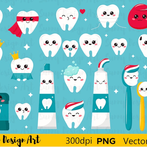 Vector Dental Clipart, Kawaii tooth, Toothbrushes, Toothpaste, COMMERCIAL USE, Instant Download, Teeth Clip Art, Dental Care Clipart Kawaii