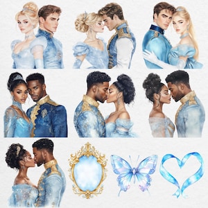 Romantic watercolor couple clipart of Cinderella and the Prince in blue attire, diverse skin tones, gold mirror, butterfly and heart elements, fairytale PNGs.
