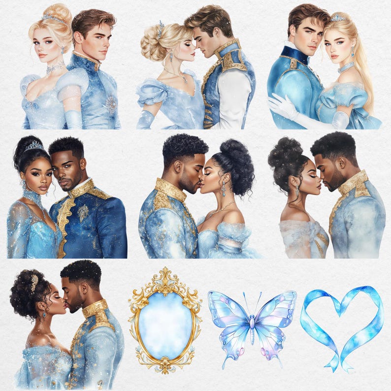 Romantic watercolor couple clipart of Cinderella and the Prince in blue attire, diverse skin tones, gold mirror, butterfly and heart elements, fairytale PNGs.