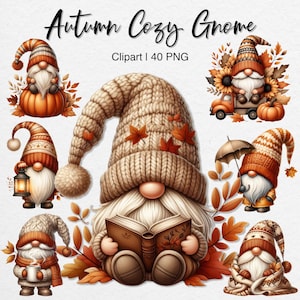 May include: A selection of autumn-themed gnome illustrations. The gnomes are depicted with knitted hats and hold items such as pumpkins, lanterns, and books. The colour scheme features orange, brown, and cream tones, with autumn leaves surrounding the gnomes. Text reads "Autumn Cozy Gnome".