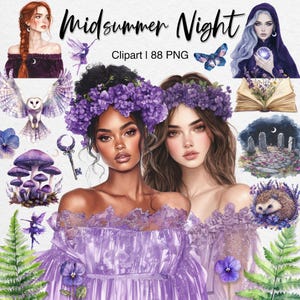 Midzomernachtfee clipart, magische hekserij png meisjes, paarse fantasie-elementen, maankristallen bos, planner stickers, heidens, plakboek
