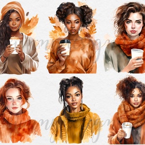 May include: Watercolor portraits of six women with warm skin tones, each holding a coffee cup. They are adorned in autumn-themed clothing, including scarves and sweaters in shades of orange, brown, and yellow. The background features watercolor leaves.