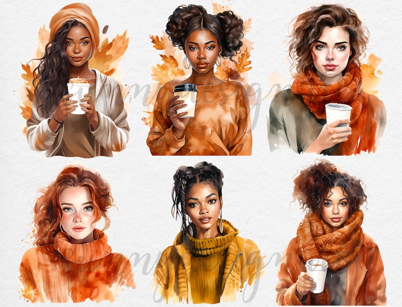 May include: Watercolor portraits of six women with warm skin tones, each holding a coffee cup. They are adorned in autumn-themed clothing, including scarves and sweaters in shades of orange, brown, and yellow. The background features watercolor leaves.