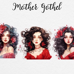 May include: Three digital illustrations of a woman with long, dark, curly hair. Each woman is wearing a red dress and has red flowers in her hair. The text "Mother Gothel" is at the top of the image.