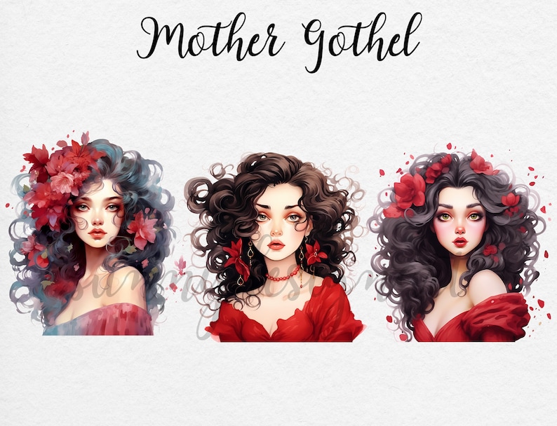 May include: Three digital illustrations of a woman with long, dark, curly hair. Each woman is wearing a red dress and has red flowers in her hair. The text "Mother Gothel" is at the top of the image.