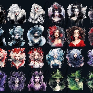 May include: A digital collage of 24 watercolor illustrations featuring various female characters with different hairstyles, clothing, and accessories. The characters are depicted in a whimsical and fantastical style, with elements of magic and fantasy.
