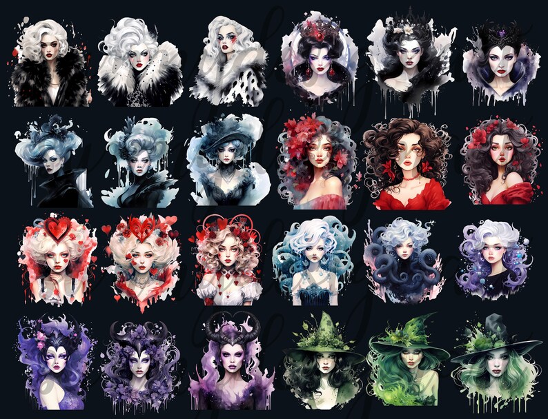 May include: A digital collage of 24 watercolor illustrations featuring various female characters with different hairstyles, clothing, and accessories. The characters are depicted in a whimsical and fantastical style, with elements of magic and fantasy.