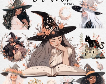 Clipartset heks: Halloween-pompoen, zwarte kat, png (digitale download)